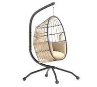 Outsunny Egg Chair Outdoor Indoor Garden Swing Chair, Folding Basket, Khaki Khaki