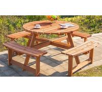 Outsunny 8 Seat Garden Outdoor Wooden Round Picnic Table Bench With Parasol Hold - Red, Red