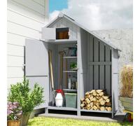 Outsunny Fir Garden Storage Shed With Shelves Log Rack, Grey
