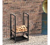 OUTSUNNY Firewood Rack Log Holder Wood Storage with Hooks 4 Tools in Black Outsunny Black