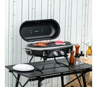 Outsunny Foldable Gas BBQ Grill 2 Burner Table Top Barbecue with Lid Piezo Ignition Thermometer for Camping Picnic Cooking, Aluminium Alloy