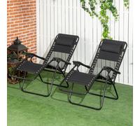 OUTSUNNY Foldable Garden Recliner Chairs Set of 2 w/ Footstool & Headrest in Black Outsunny Black