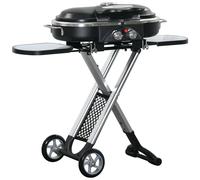 Outsunny Foldable Gas BBQ Grill 2 Burner Garden Barbecue Trolley w/ Lid Side Shelves Storage Pocket Piezo Ignition Thermometer, Aluminium Alloy Black