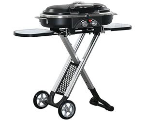 Outsunny Foldable Gas BBQ Grill 2 Burner Garden Barbecue Trolley w/Lid Side Shelves Storage Pocket Piezo Ignition Thermometer, Aluminium Alloy