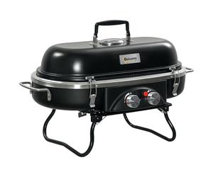 Outsunny Foldable Gas BBQ Grill 2 Burner Table Top Barbecue with Lid Piezo Ignition Thermometer for Camping Picnic Cooking, Aluminium Alloy