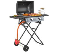 Outsunny Foldable Gas BBQ with Side Tables, 2 Burner Portable Gas Barbecue Grill with Thermometer Lid Grease Tray Wheels, Folding Trolley for Garden Party Camping Picnic Outdoor Cooking, 5.6KW, Black