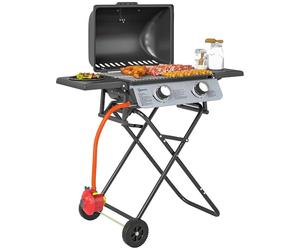 Outsunny Foldable Gas BBQ with Side Tables, 2 Burner Portable Gas Barbecue Grill with Thermometer Lid Grease Tray Wheels, Folding Trolley for Garden Party Camping Picnic Outdoor Cooking, 5.6KW, Black