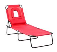 Outsunny Foldable Outdoor Sun Lounger Adjustable Backrest Reclining Chair with Pillow and Reading Hole Garden Beach, Red