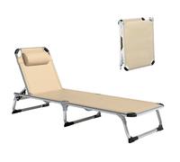 Outsunny Foldable Outdoor Sun Lounger, Reclining Lounge Chair Camping Bed Cot with Pillow 4-Level Adjustable Back Aluminium Frame, Khaki Khaki
