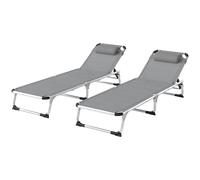 Outsunny Foldable Outdoor Sun Lounger Set of 2, Reclining Lounge Chair Camping Bed Cot with Pillow 4-Level Adjustable Back Aluminium Frame, Light Grey