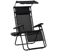 Outsunny Foldable Reclining Garden Chair with Headrest, Zero Gravity Deck Sun Lounger Seat Chair with Footrest, Armrest, Cup Holder & Canopy Shade, Black Black
