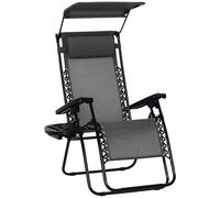 Outsunny Foldable Reclining Garden Chair with Headrest, Zero Gravity Deck Sun Lounger Seat Chair with Footrest, Armrest, Cup Holder & Canopy Shade, Light Grey Grey