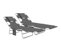 Outsunny Foldable Sun Lounger Set of 2, Beach Chaise Lounge with Reading Hole, Arm Slots, 5-Position Adjustable Backrest, Side Pocket, Pillow for Garden, Beach, Pool, Dark Grey