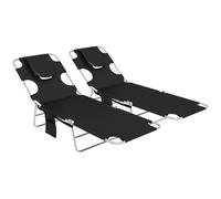 Outsunny Foldable Sun Lounger Set of 2, Beach Chaise Lounges w/ Reading Hole, Arm Slots, 5-Position Adjustable Backrest, Side Pocket Aosom UK