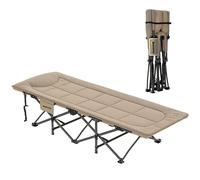 Outsunny Folding Camping Bed for Adults with Cushion, Heavy Duty Portable Travel Camping Cot with Headrest, Side Pocket and Non-Slip Foot Pads for Outdoor Beach Travel Office, Grey Khaki