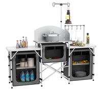 Outsunny Folding Camping Kitchen, Portable Aluminium Camping Table with 3 Fabric Cupboards, Windshield, Light Stand, Carrying Bag for BBQ, RV, Picnic, Grey Grey