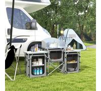 Outsunny Folding Camping Kitchen, Portable Aluminium Camping Table with 3 Fabric Cupboards, Windshield, Light Stand, Carrying Bag for BBQ, RV, Picnic, Grey Grey