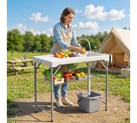 Outsunny Folding Fish Cleaning Table Camping Sink Table with Faucet, White
