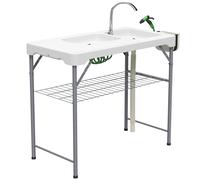 Outsunny Folding Fish Cleaning Table with Sinks, Portable Camping Sink Table with Faucet, Drainage Hose