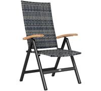 Outsunny Folding Garden Chair, 5-level Reclining PE Rattan Garden Dining Chair with Wood Armrests, High Back and Steel Frame for Outdoor, Patio, Terrace, Porch, Mixed-grey