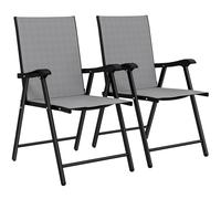 Outsunny Folding Garden Chairs Set of 2, Foldable Garden Dining Chairs with High Back, Armrests, Texteline Seat, Light Grey