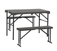 Outsunny Folding Picnic Table with 2 Benches, 3-Piece Portable Garden Furniture Set for 4, Dining Table Set with Plastic Top, Steel Frame, Dark Grey Dark Grey