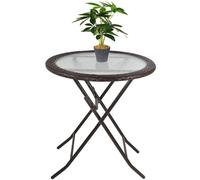 Outsunny Folding Rattan Garden Dining Table, 68 cm Round Rattan Garden Table with Water Ripple Tempered Glass Top, Wicker Edging and Steel Frame for Outdoor, Patio, Brown Brown