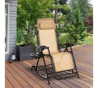 Outsunny Garden Rocking Chair Folding Recliner Outdoor Adjustable Sun Lounger Rocker Zero-Gravity Seat with Headrest Side Holder Patio Deck - Beige Beige