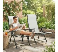 Outsunny Folding Reclining Garden Chairs Set of 2 with Footrest, Light Grey - 179.5 x 63.5 x 60 cm - 2 - Metal, Texteline