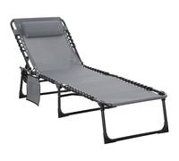 Outsunny Folding Sun Lounger, Reclining Camping Bed with 5-Position Adjustable Backrest, Pillow, Grey