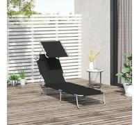 Outsunny Folding Sun Lounger Set of 2 w/ Sunshade Adjustable Backrest Beige - Black - Oxford Fabric, Steel - 187cm x 58cm x 36cm
