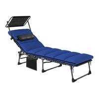 Outsunny Folding Sun Lounger with Canopy, Reclining Sunbed with Cushion, Side Pocket, Carrying Handle, Dark Blue