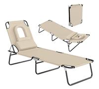 Outsunny Folding Sun Lounger with Face Hole, 4-Position Adjustable Backrest Garden Recliner Chair Sunbed, Outdoor Lounge Chair with 600 D Oxford Cloth Seat, Pillow for Beach, Beige