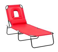 Outsunny Folding Sun Lounger with Face Hole, 4-Position Adjustable Backrest Garden Recliner Chair Sunbed, Outdoor Lounge Chair with 600 D Oxford Cloth Seat, Pillow for Beach, Red