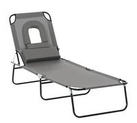 Outsunny Folding Sun Lounger with Face Hole, 4-Position Adjustable Backrest Garden Recliner Chair Sunbed, Outdoor Lounge Chair with 600 D Oxford Cloth Seat, Pillow for Beach, Dark Grey