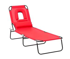 Outsunny Folding Sun Lounger with Face Hole, 4-Position Adjustable Backrest Garden Recliner Chair Sunbed, Outdoor Lounge Chair with 600 D Oxford Cloth Seat, Pillow for Beach, Red