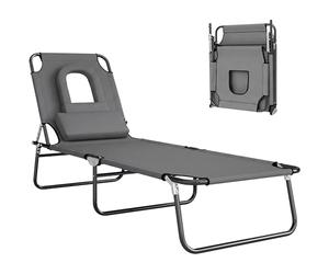 Outsunny Folding Sun Lounger with Face Hole, 4-Position Adjustable Backrest Garden Recliner Chair Sunbed, Outdoor Lounge Chair with 600 D Oxford Cloth Seat, Pillow for Beach, Dark Grey