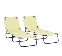 Outsunny Folding Sun Loungers Set of 2, Outdoor Day Bed with 5-Position Adjustable Backrest, Portable Recliner Garden Chairs with Breathable Mesh for Beach, Patio, Beige Beige