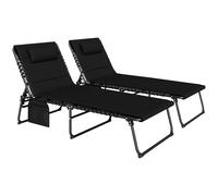 Outsunny Folding Sun Loungers Set of 2, Recliner Garden Chairs with Quick Drying Pad Headrest Side Pocket, Garden Sun Loungers for Beach Pool, Black