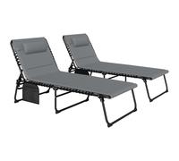 Outsunny Folding Sun Loungers Set of 2, Recliner Garden Chairs with Quick Drying Pad Headrest Side Pocket for Beach Pool, Charcoal Grey