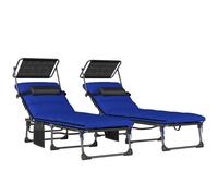 Outsunny Folding Sun Loungers Set of 2 with Canopy, Reclining Sunbed with Cushion, Side Pocket, Carrying Handle, Dark Blue
