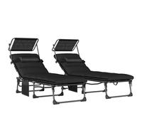 Outsunny Folding Sun Loungers Set of 2 with Canopy, Reclining Sunbed with Cushion, Side Pocket, Carrying Handle, Black