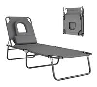 Outsunny Folding Sun Loungers with Face Hole, Dark Grey | 4-Position Adjustable Backrest, Garden Recliner Chair Sunbed, Outdoor Lounge Chair, 500 D Oxford Cloth Seat, Pillow, Beach