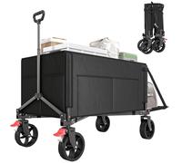 Outsunny Folding Trolley on Wheels, 150L Collapsible Wagon Festival Trolley Cart with Openable Sides, Adjustable Handle and Brakes for Shopping Camping Beach and Garden, Black Black
