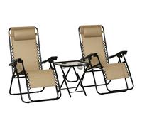 Outsunny Folding Zero Gravity Chairs, 3 Pieces Adjustable Sun Lounger and Table Set with Cup Holder and Headrest, Patio Bistro Set with Reclining Garden Chairs for Outdoor, Beige Beige
