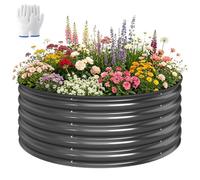 Outsunny Galvanised Raised Garden Bed, 120 x 120 x 43cm, Dark Grey | Safety Edging, Metal Outdoor Raised Planter Box, Gloves, Open Bottom, for Flowers, Vegetables and Herbs