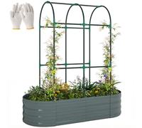 Outsunny Galvanised Raised Garden Bed w/Arched Trellis 4x2x4.6ft, Dark Grey | Metal Raised Bed for Garden, Open Bottom Design, Modular Outdoor Planter Box, Gloves, for Vegetables Flowers