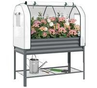 Outsunny Galvanised Raised Planter with Greenhouse Cover, Dark Grey | Metal Raised Garden Bed on Legs, Bed Liner, Bottom Shelf, Outdoor Elevated Garden Planter for Vegetables, Herbs, Flowers