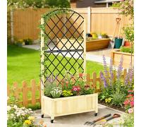 Outsunny Raised Garden Bed with Metal Trellis, Wooden Elevated Planter Box with Lockable Wheels, Outdoor Raised Planter for Climbing Plants, Fruits, Vegetables, Flowers, Natural