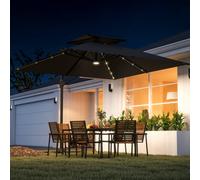 Outsunny 3.5x3 m Garden Cantilever Parasol with Solar LED Lights and Centre Light, UPF50+ Aluminium Patio Umbrella with 360° Rotation and Tilt, Hanging Sun Shade with Cross Base, Crank Handle, Black